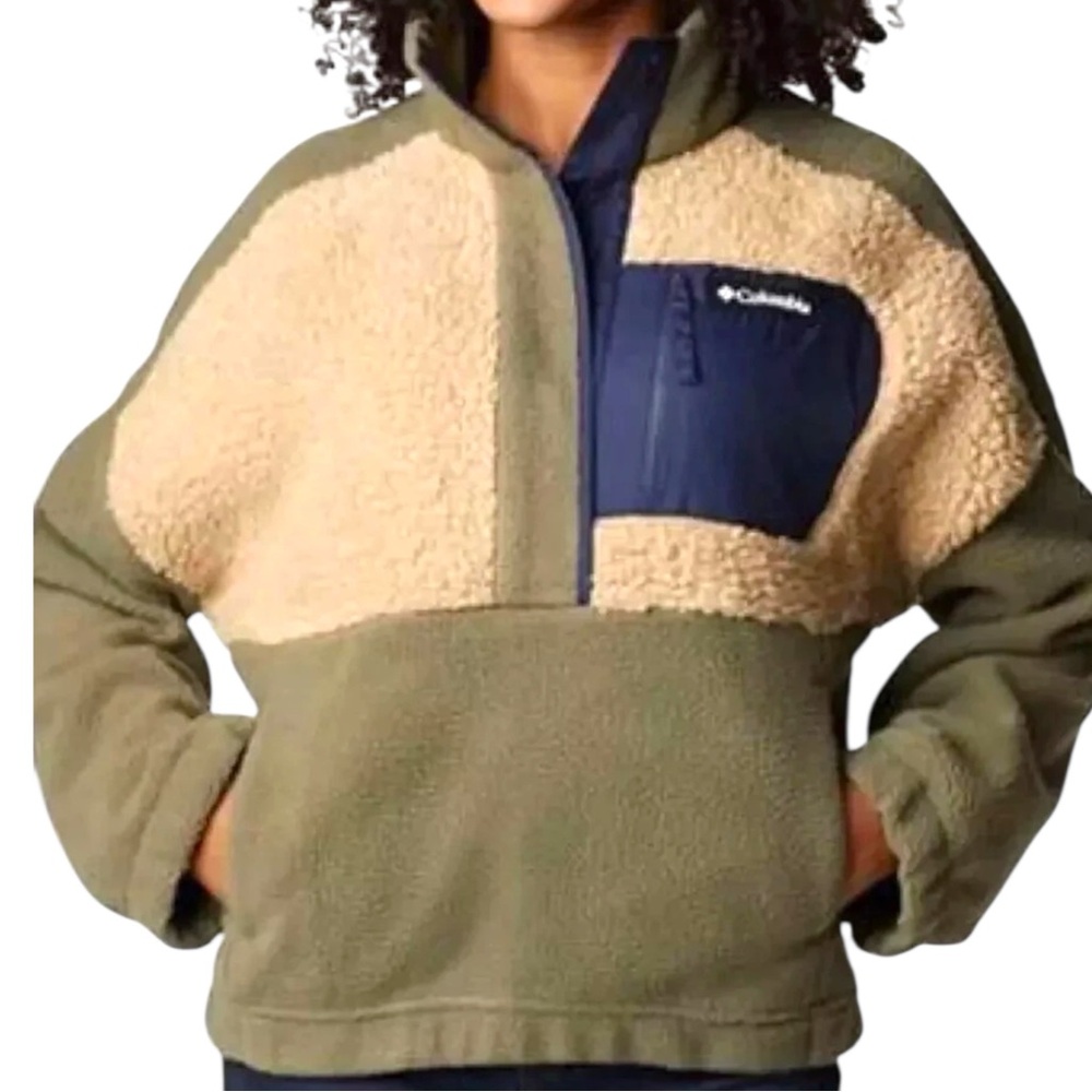 COLUMBIA Lodge Sherpa Relaxed Fit Stone Green Beach Sweatshirt Pullover Top XL